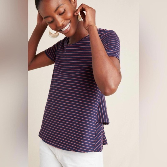 Anthropologie Tops - Anthropologie Laura blue/red striped ruffle flowy hem tee S